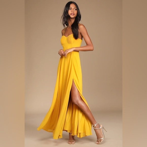 Lulus Dresses & Skirts - NWT Lulus Cause for Commotion Golden Yellow Pleated Bustier Maxi Dress